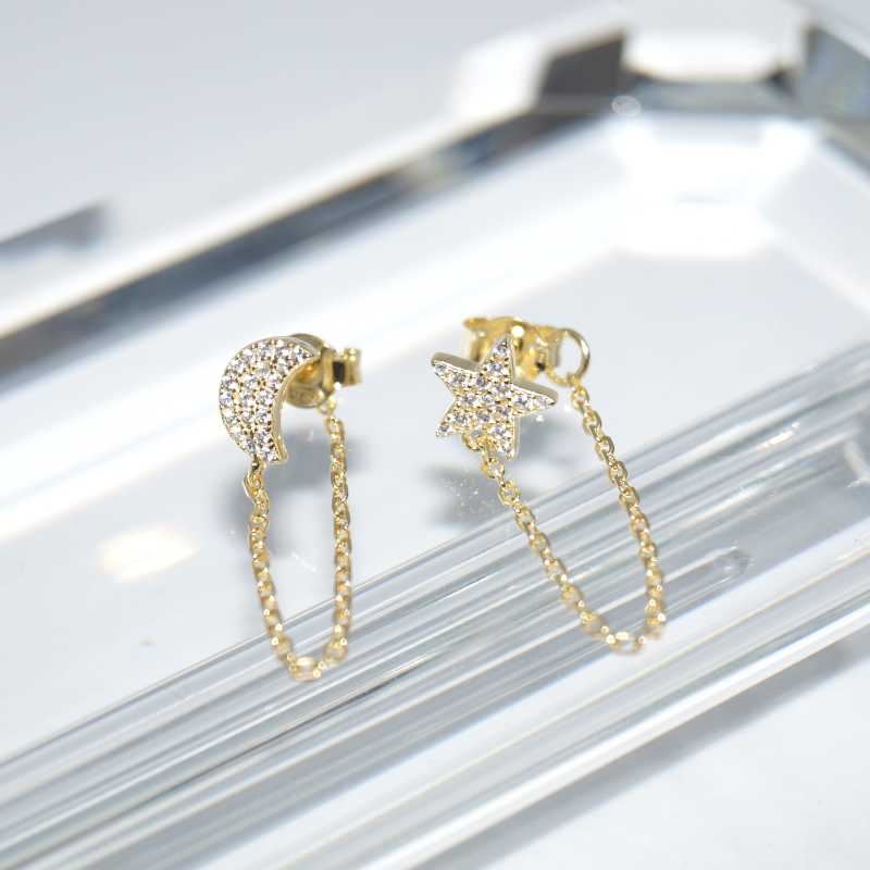 SX00941þBOUCLE CHAINETTE ETOILE LUNE ASYM DORE