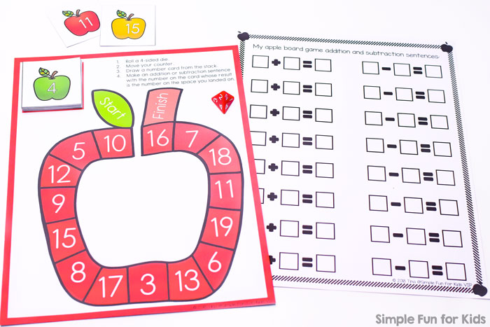 addition and subtraction within 20 apple board game simple fun for kids