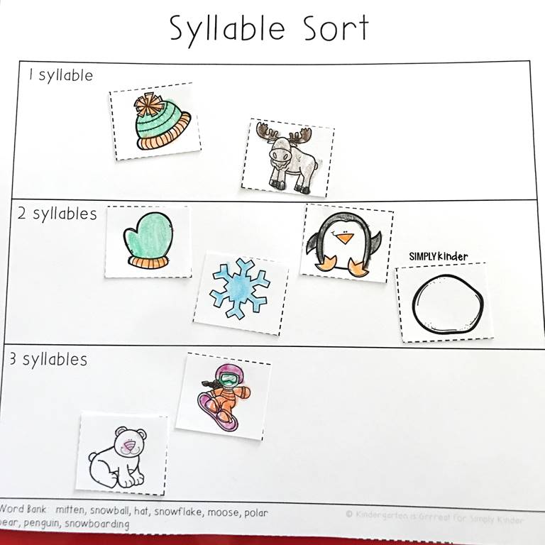 You'll find a syllables counter activity like sorting syllables, holiday vocabulary words and a syllable worksheet are all included. Syllable Sort Free Simply Kinder