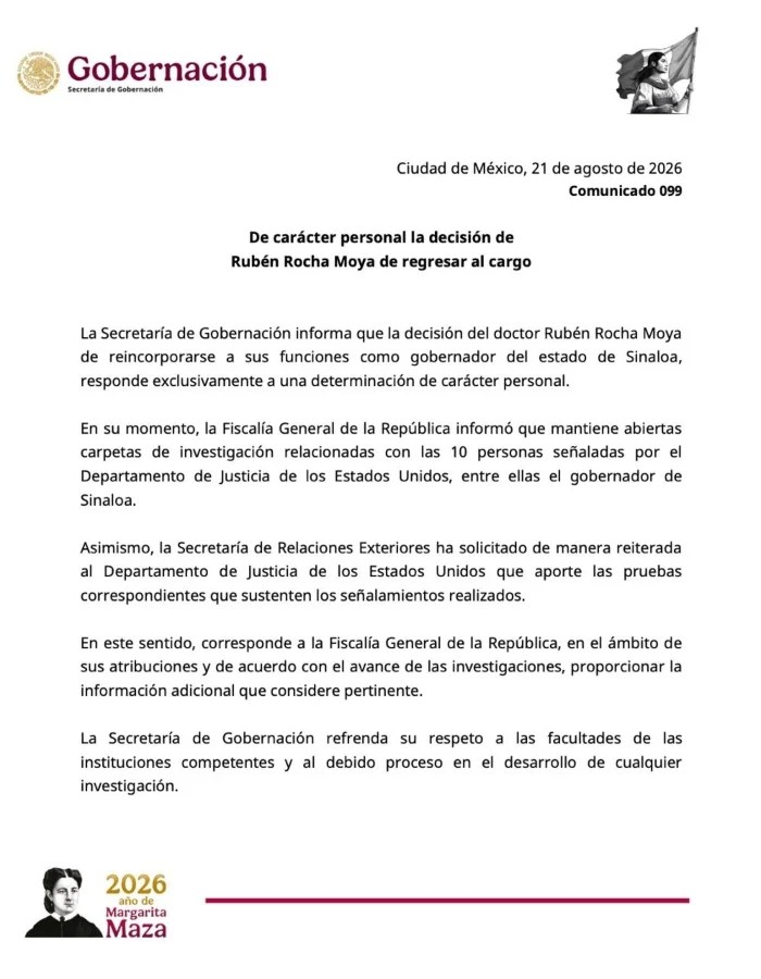 La Segob se deslinda del regreso de Rocha Moya a la Gubernatura de Sinaloa.