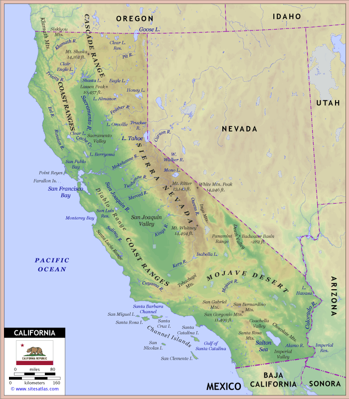 Cascade Mountains Physical Map California Physical Map 