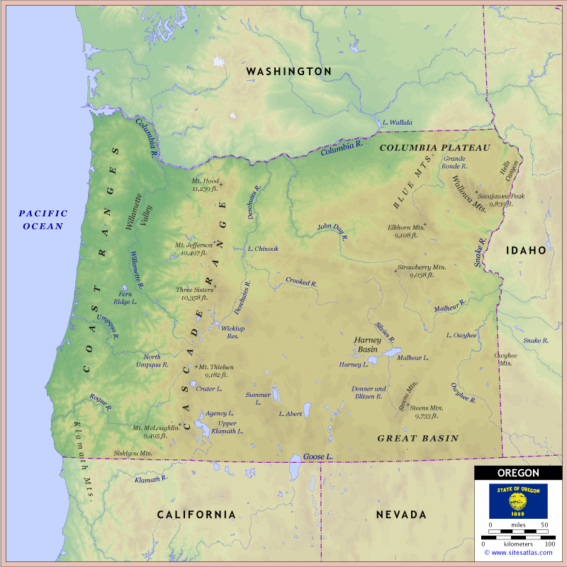 Cascade Mountains Physical Map Oregon Physical Map 