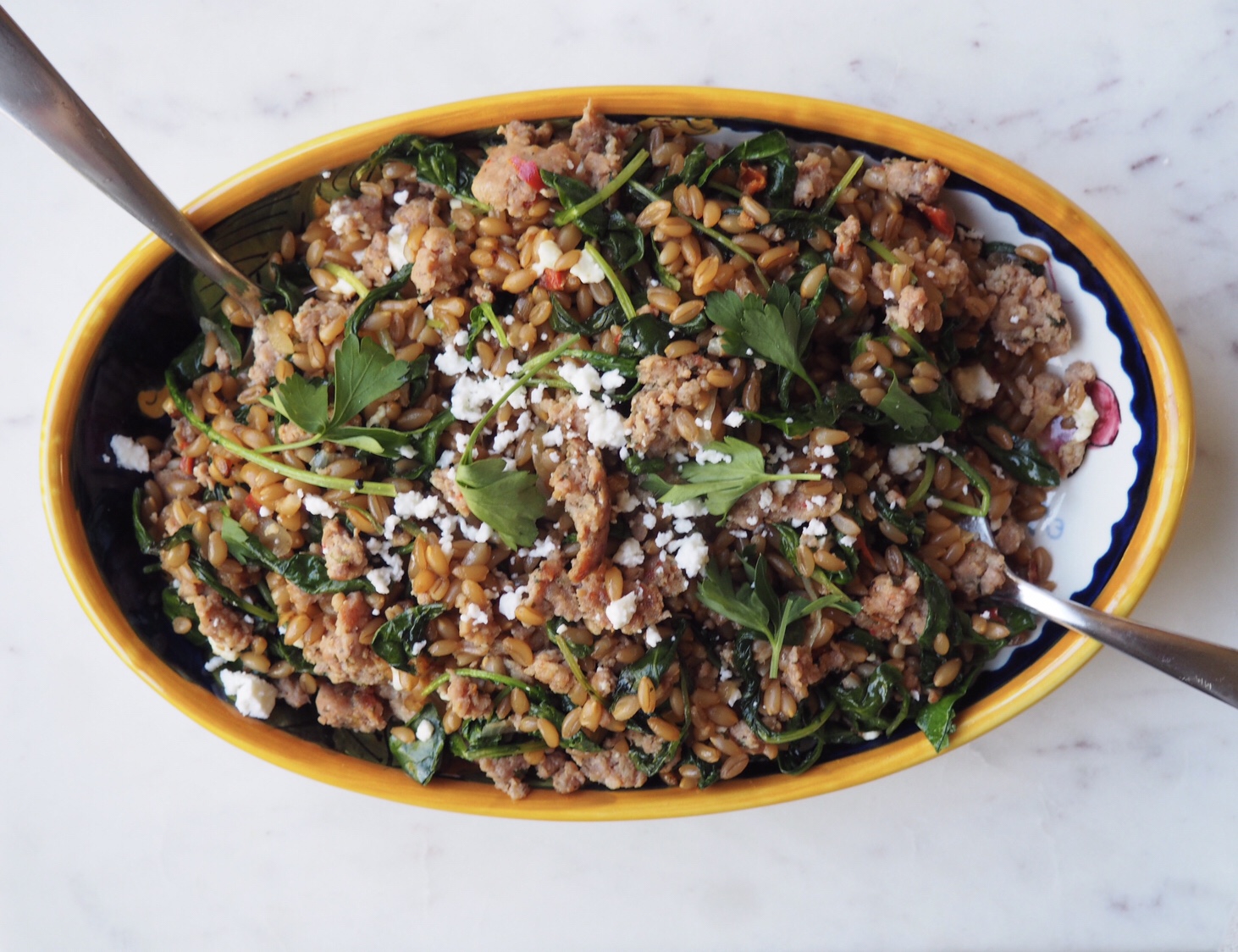 Farro with Sweet Italian Sausage, Kale, and Feta