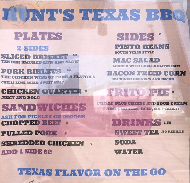 Hunt's texas bbq menu