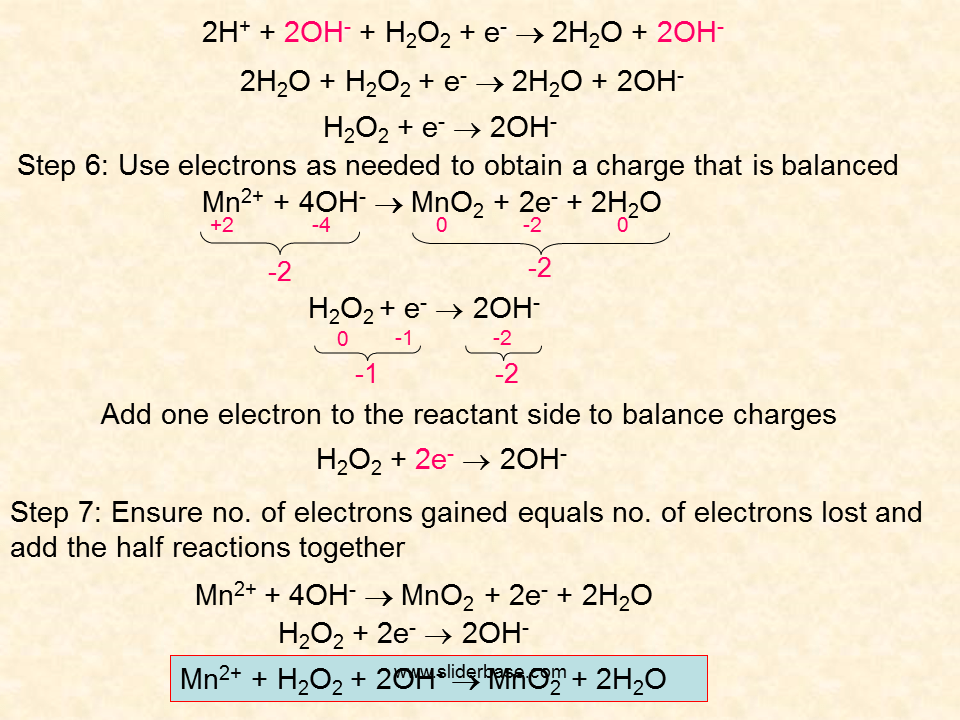 Manganese dioxide catalyzes the decomposition of hydrogen peroxide. 8H+ + MnO4- + 5e- Mn2+ + 4H2O Ã 2 2H2O + SO2 SO42- + 2e