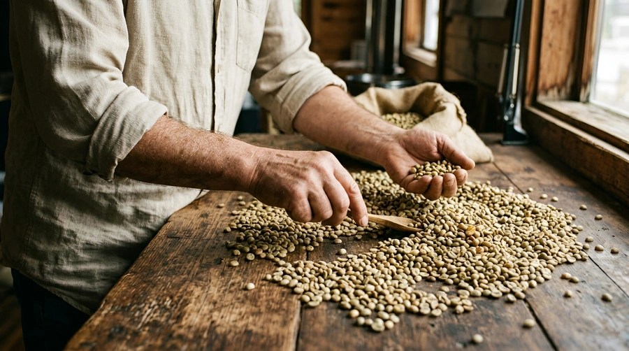 Coffee professional grading and sorting green coffee beans before roasting