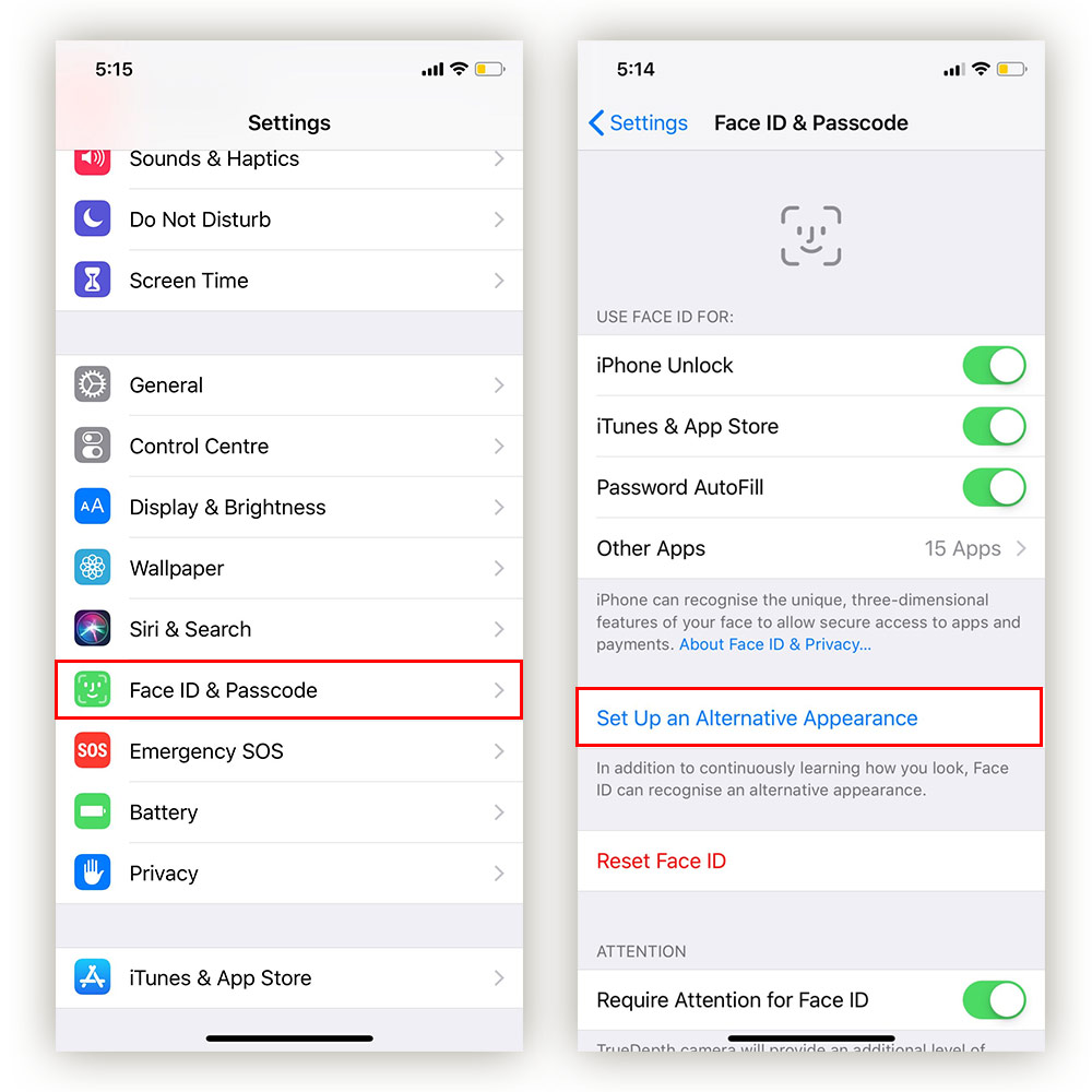 Set up an alternate appearance (settings menu)