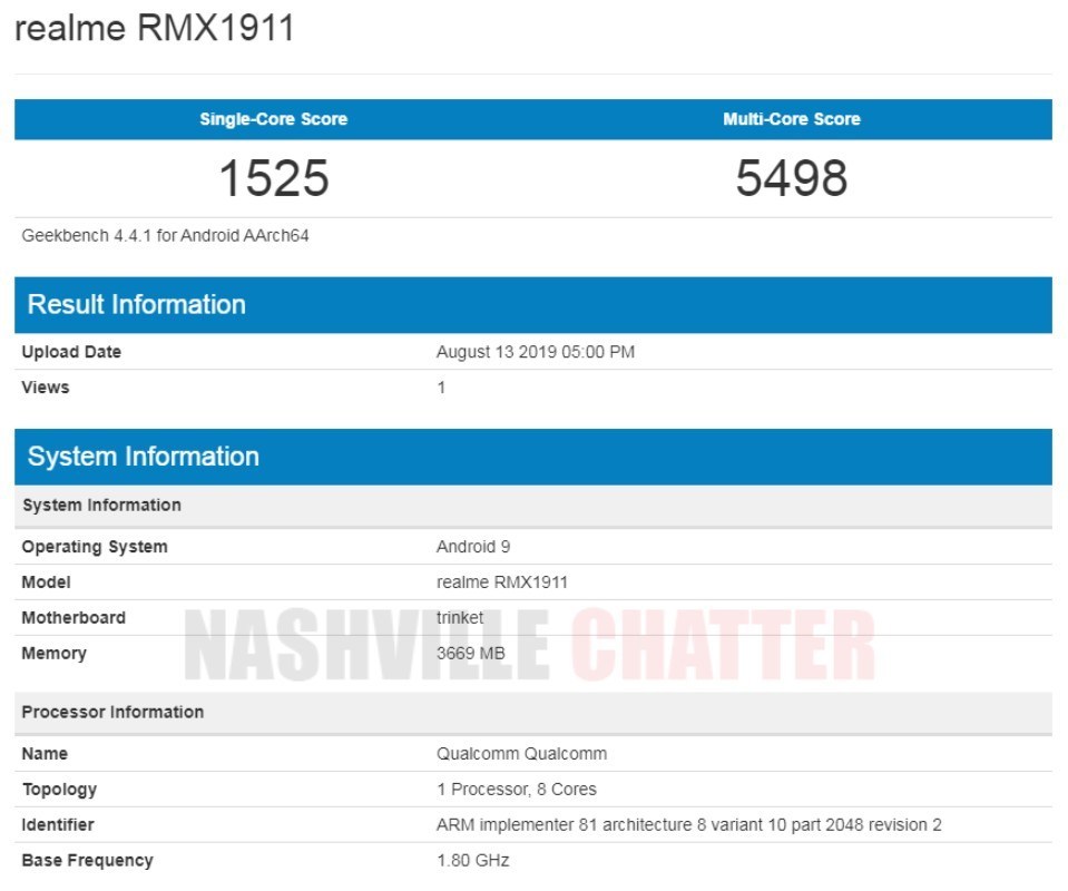 Geekbench listing of Realme 5