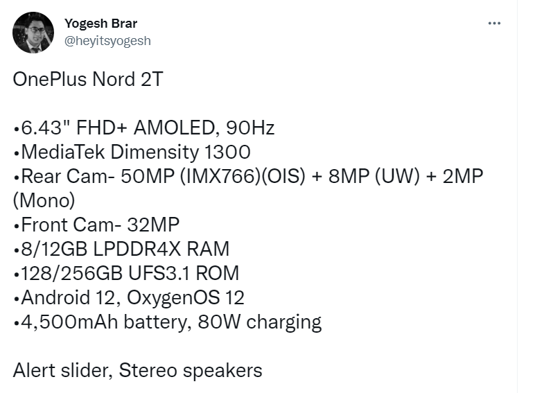 OnePlus Nord 2T Yogesh Brar Leak