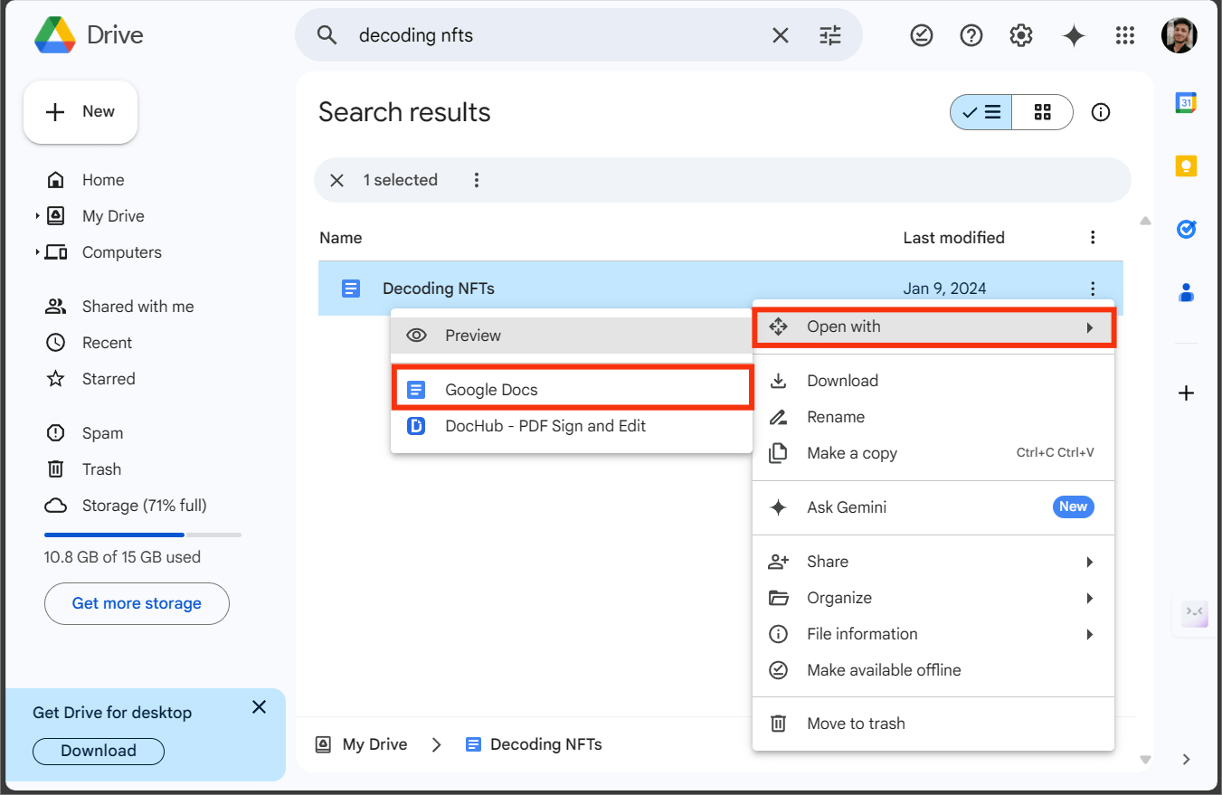 افتح باستخدام مستندات Google