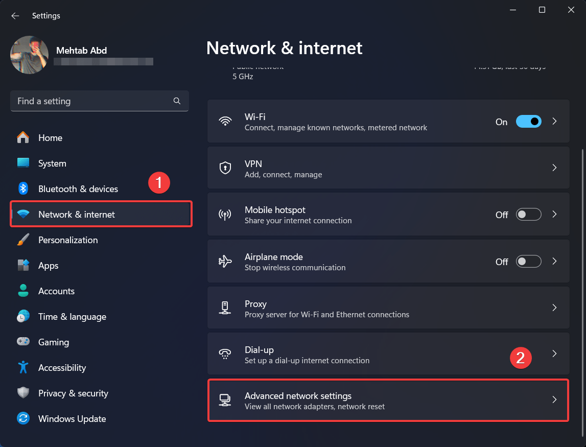 Network & internet > Advanced network settings