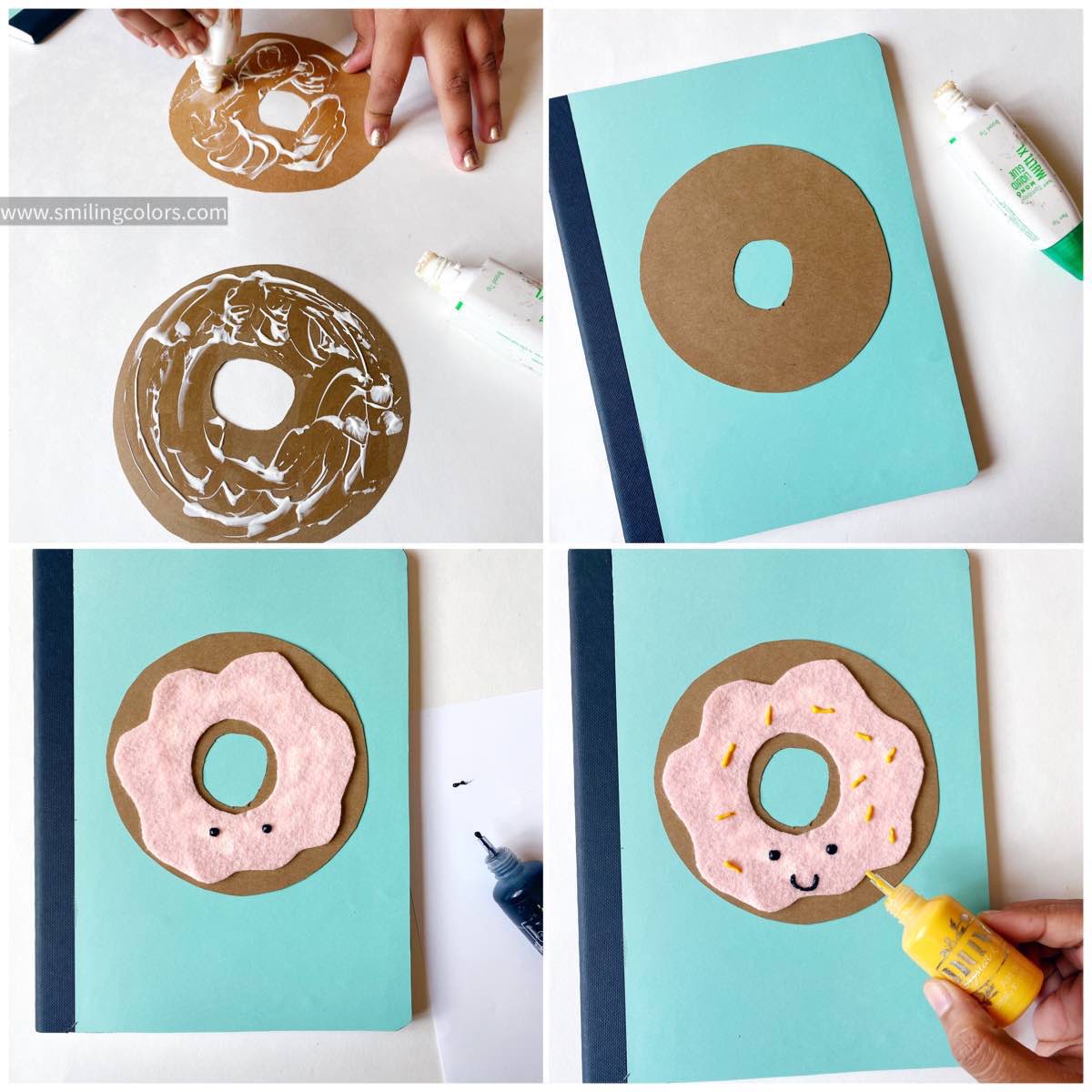Easy Donut Craft for a party Paper Felt Notebook covers Smiling Colors