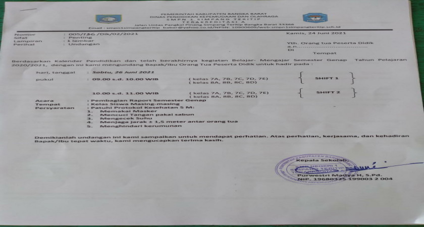 Bakunya format penulisan dari contoh surat edaran pengambilan raport ini . Undangan Pembagian Raport Semester Genap Tahun Pelajaran 2020 2021 Smp Negeri 1 Simpang Teritip