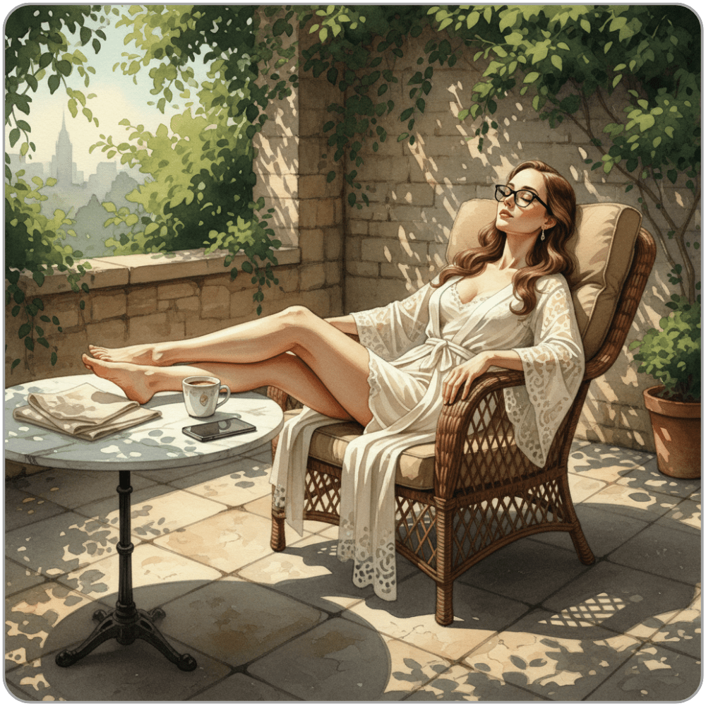 Watercolour illustration of Ms Smyth of The Smyth Fund reclining in a wicker terrace chair in a white lace robe and black-framed glasses, bare legs stretched across a marble café table beside a coffee cup, folded newspaper and a face-down phone, dappled sunlight falling through leaves onto old stone with a distant city skyline behind - luxury FinDom Sunday blog post.
