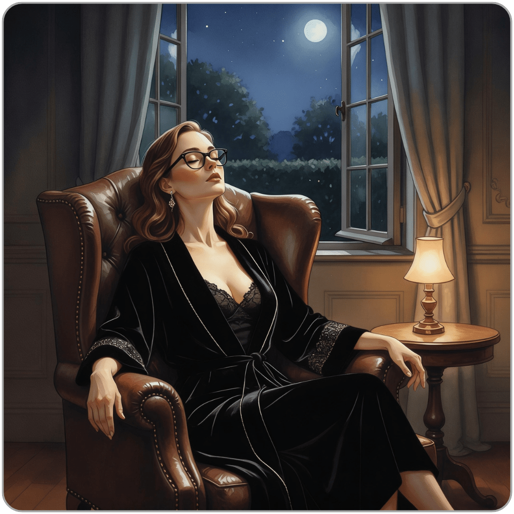 Watercolour illustration of Ms Smyth of The Smyth Fund reclining with eyes closed in a brown leather wing-backed armchair, wearing a black velvet robe with lace trim over black lace, black-framed glasses and drop earrings, a brass lamp glowing on the side table beside her, with an open window behind revealing moonlit hedgerows and a full moon - luxury FinDom night blog post.