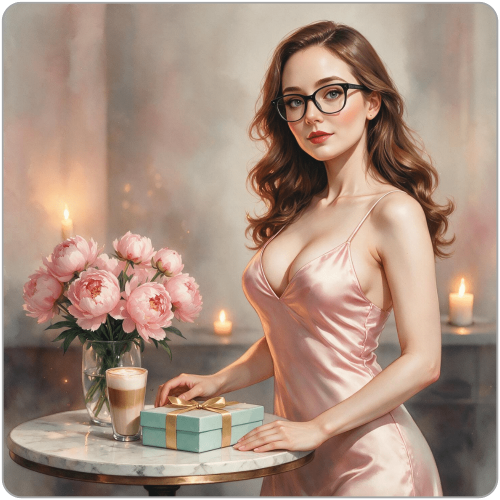 Ms Smyth in a pink satin dress and black glasses stands beside a marble table with pink peonies, a latte and a gift box, surrounded by softly glowing candles.