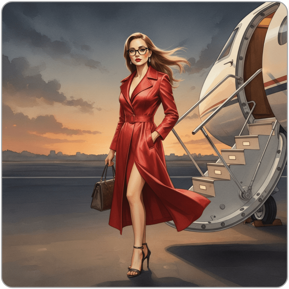Watercolour illustration of Ms Smyth of The Smyth Fund in a red silk trench coat and black-framed glasses, walking across the tarmac toward a private jet staircase at sunset, leather bag in hand - luxury FinDom travel blog post.