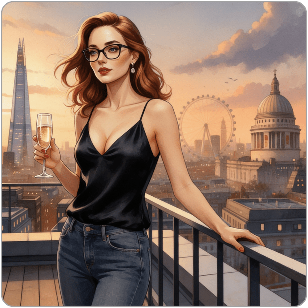 Watercolour illustration of Ms Smyth of The Smyth Fund on a London rooftop terrace at sunset, champagne in hand, with the Shard, the London Eye and St Paul's Cathedral behind her - luxury FinDom weekly income blog post.