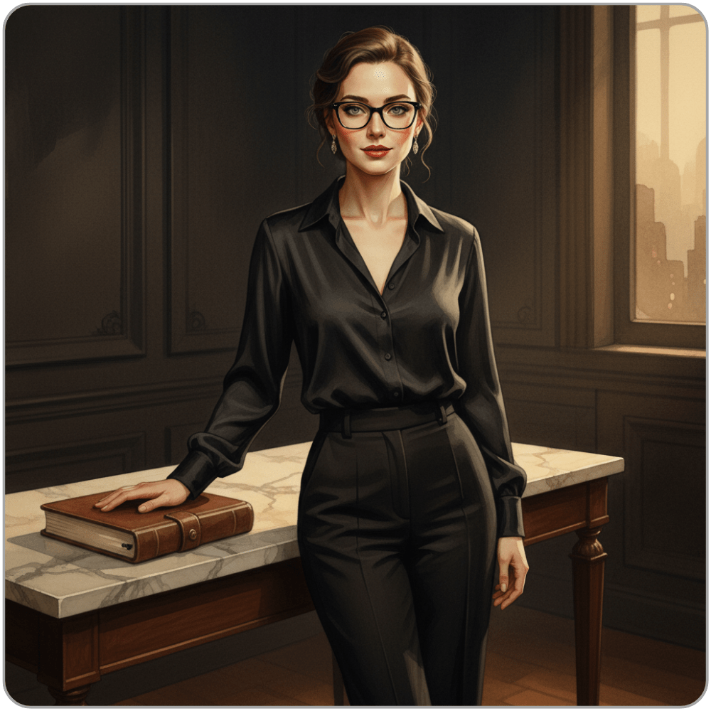 Watercolour illustration of Ms Smyth of The Smyth Fund in a black silk blouse and tailored trousers, hand resting on a leather ledger atop a marble console table, city skyline through the window behind her - quiet luxury FinDom blog post.