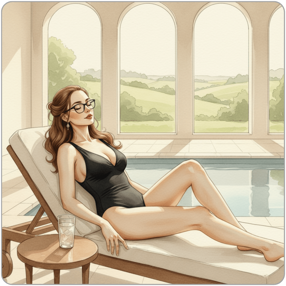 Watercolour illustration of Ms Smyth of The Smyth Fund reclining poolside at a country house spa in a black swimsuit, glasses on, eyes closed, arched windows overlooking green countryside behind her - luxury FinDom relaxation blog post.
