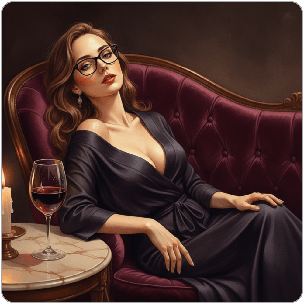 Ms Smyth of The Smyth Fund reclining in a silk robe on a velvet chaise with a glass of wine, an editorial illustration capturing luxury FinDom and quiet seduction.