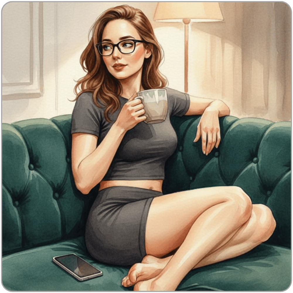 Ms Smyth of The Smyth Fund relaxed on a green velvet sofa, coffee in hand and phone face-down beside her, embodying the quiet, unbothered pull behind the ache to send.