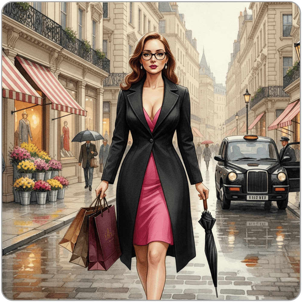 Ms Smyth shopping on a London street in the rain, illustrating The Smyth Fund's FinDom blog post on financial submission in every weather.