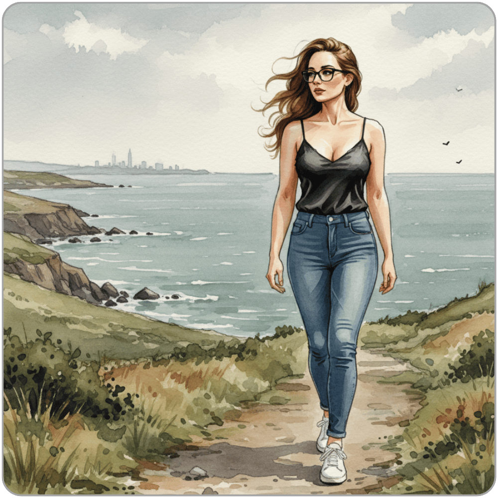 Ms Smyth of The Smyth Fund walking a UK coastal path in a sundress, illustrating the Labour Day FinDom blog post on devotion that continues while she rests.