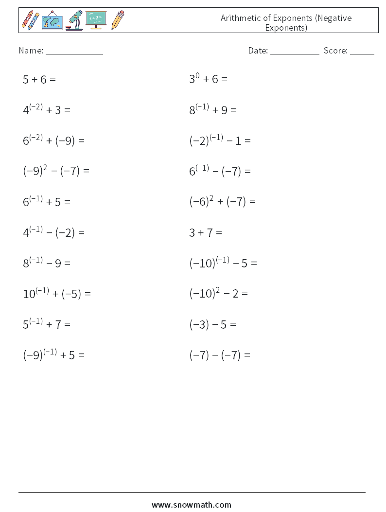 Arithmetic of exponents (negative exponents) math worksheets 4math worksheets, math practice for