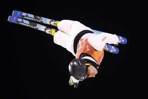 David Morris of Australia takes a practice jump ahead of the Men's Freestyle Aerials qualifier at Phoenix Snow Park, during the PyeongChang 2018 Winter Olympic Games, in PyeongChang, South Korea, Saturday, February 17, 2018. (AAP Image/Dan Himbrechts)