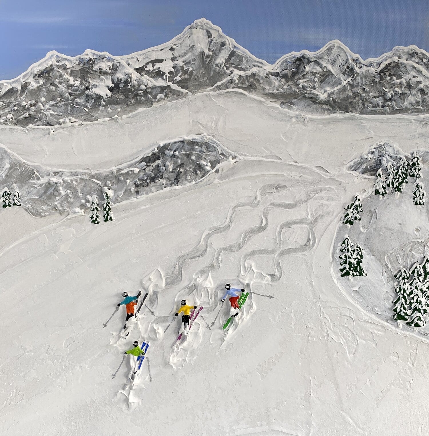"Just Us on the Slopes" by Elizabeth Langreiter. Hand Sculpted Mixed Media Painting on Canvas .