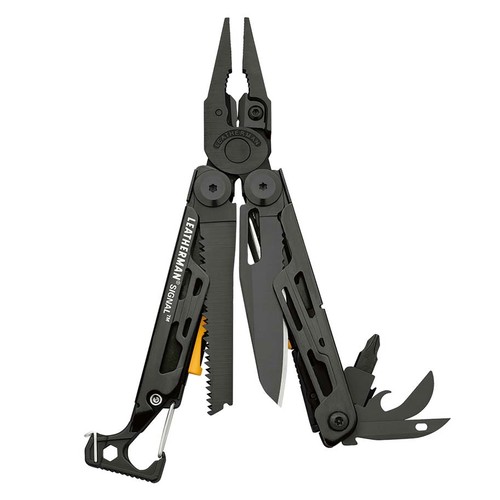 A multi-tool designed for adventure with a firestarter, hammer, one-handed blade and an emergency whistle.