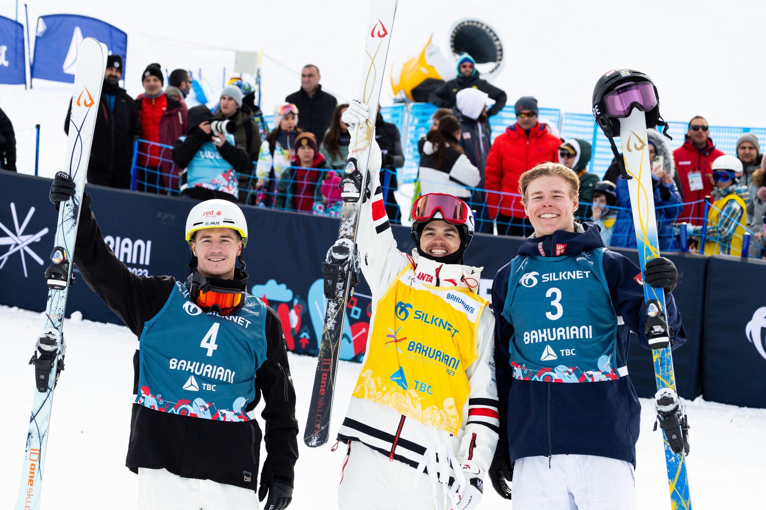 FIS Freestyle Ski, Snowboard and Freeski World Championships - Bakuriani GEO - Moguls - Men's podium with 2nd GRAHAM Matt AUS, 1st KINGSBURY Mikael CAN and 3rd WALLBERG Walter SWE © Miha Matavz/FIS