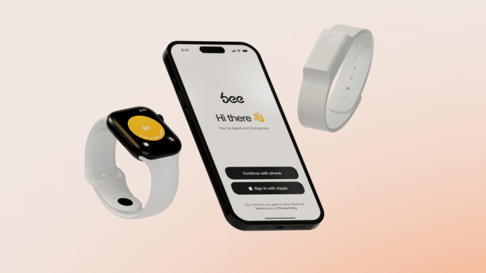 Bee AI wearable wristband, smart companion app, and display interface showing voice recording feature on a smartwatch and smartphone.