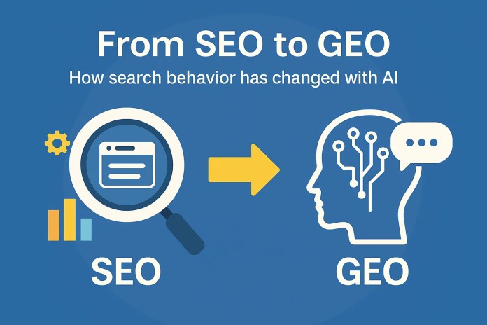 A digital infographic showing the transition from SEO to GEO, with icons of search engines and AI chatbots representing the shift in user behavior toward AI-powered, answer-based search experiences.
