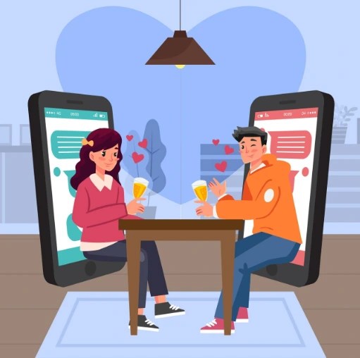 Modern Dating App Interface Concept Illustration of a mobile dating app interface featuring user profiles, swipe icons, and heart symbols, indicating dating profile bios mark the first impression, thereby representing modern online dating culture.