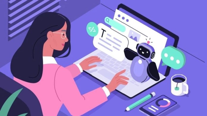 Woman working on a laptop with a chatbot assistant on screen, surrounded by AI-related icons and tools, symbolizing AI prompts generation.