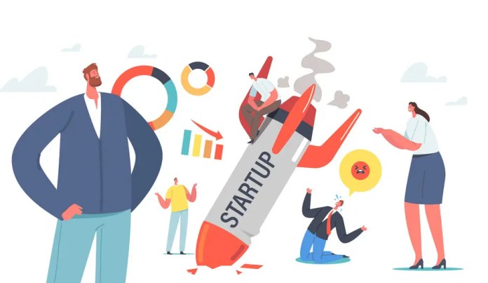 Cartoon showing a startup rocket crashing with team members panicking, arguing, and analyzing failure charts foe why startups fail.