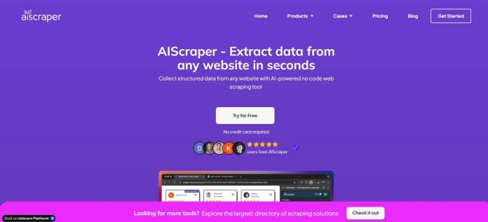AIScraper homepage showing tagline “Extract data from any website in seconds” with option to try the AI-powered no-code web scraping tool for free.
