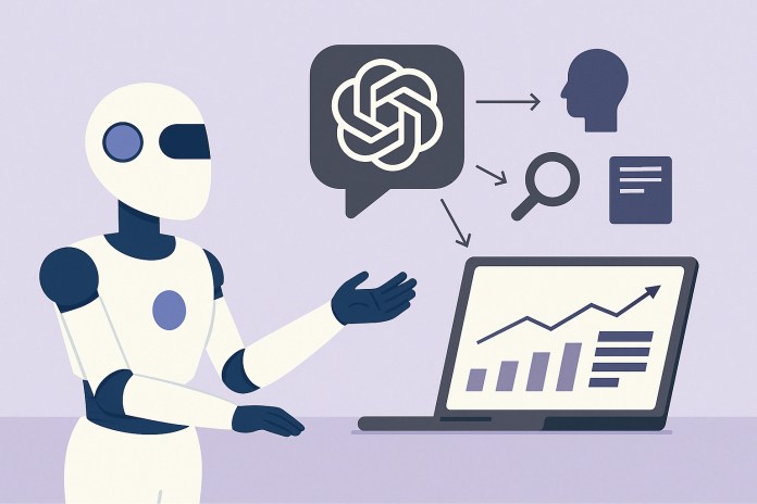 ai-tools-for-productivity-webp. Digital illustration of a laptop with floating AI tool icons, representing how AI tools for productivity can work together for faster results.