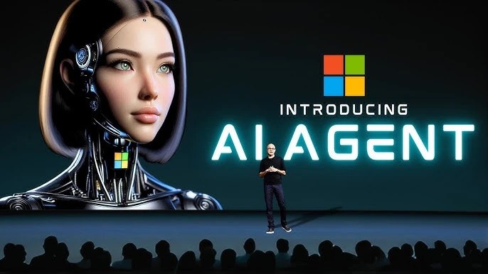Microsoft AI models showcased on stage with a humanoid AI Agent, highlighting the company’s push toward in-house innovation.