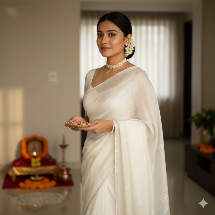 A woman in a softly draped white embroidered organza saree and simple pearl jewelry (choker and bracelet) stands in a home setting with a small puja altar in the background, holding a decorative puja thali. She has her hair neatly tied back with jasmine flowers, creating a realistic and easily achievable traditional look for Day 1 according to Navratri calendar.