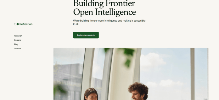 Website screenshot from Reflection AI with the main headline "Building Frontier Open Intelligence" and a clear mission statement about making their technology accessible to all.