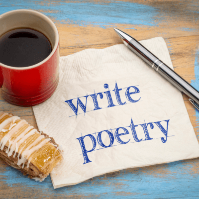 image of a napkin that says write poetry with a coffee, pastry and pen surrounding it