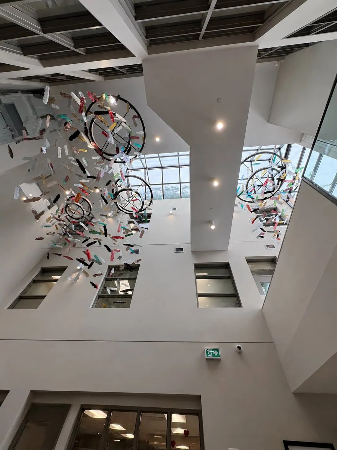 Looking up through cedar-clad ring canopy with hand-blown glass feathers in black, white, red and yellow suspended in multi-storey atrium, SOAHAC London Ontario