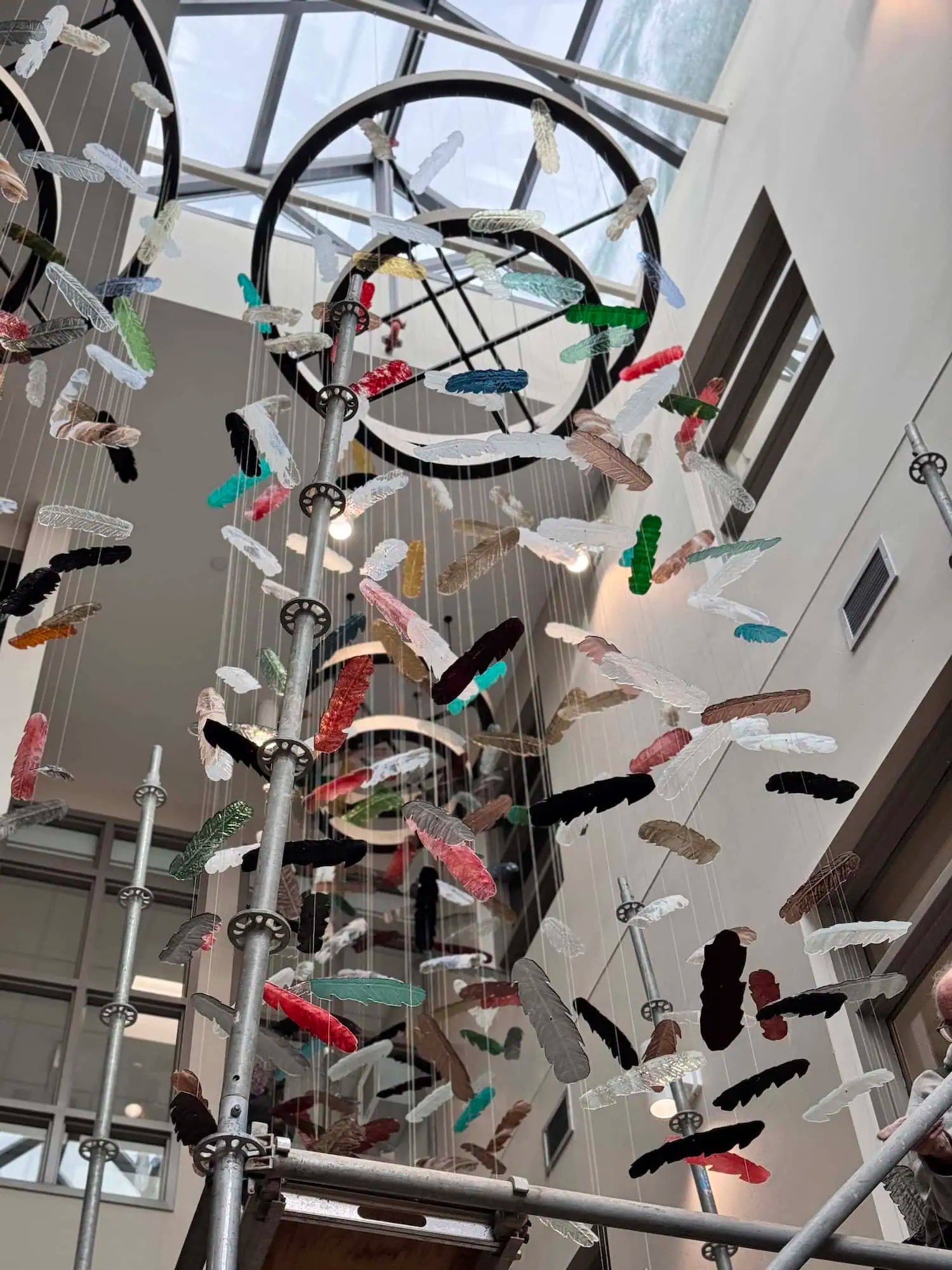 Top-down view of cedar-clad ring canopies with multicolour hand-blown glass feathers suspended in atrium, SOAHAC London Ontario 2025