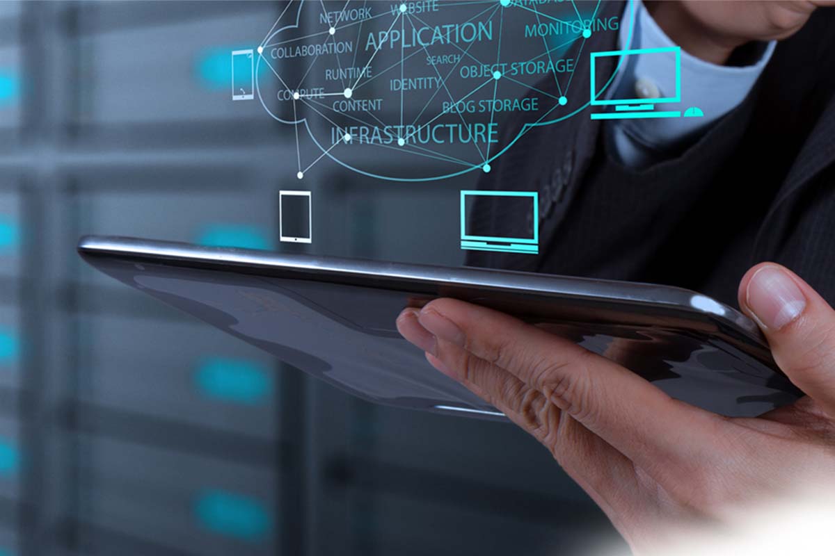 Person holding tablet displaying network graphic.