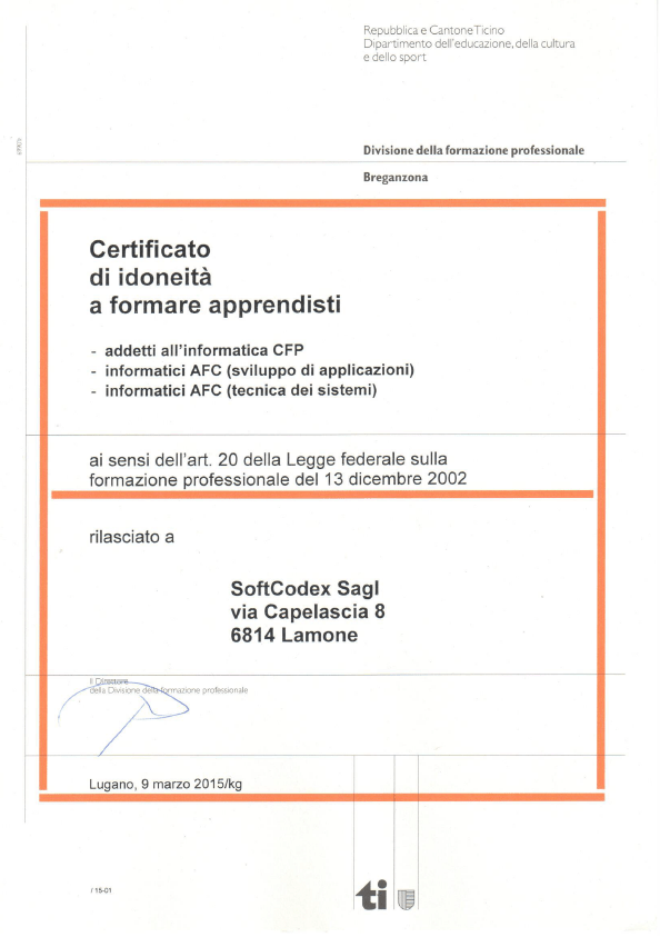 Certificato Di Idoneità A Formare Apprendisti - Softcodex | Web | Hosting | Vps | Software | Hardware | Ticino 843_x_594_png