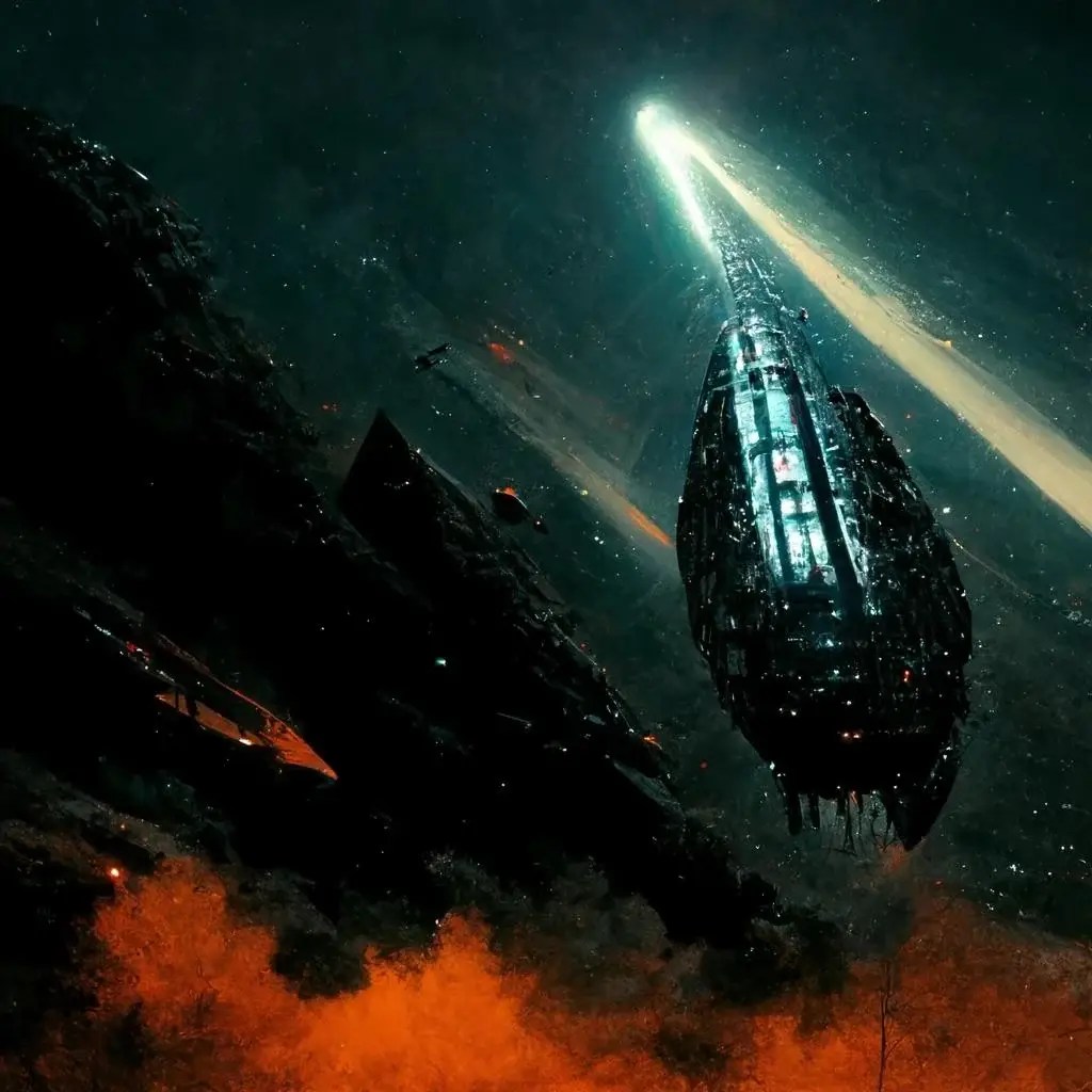 A sleek, futuristic spacecraft plunges through a fiery, smoke-filled battlefield, emitting a beam of light from its nose. The background is dark and chaotic, with glowing embers and wreckage scattered around. Smaller ships and debris hover in the scene.