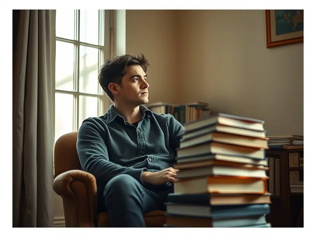 A man looking off into the middle distance, there is a pile of books, out of focus, in the foreground.